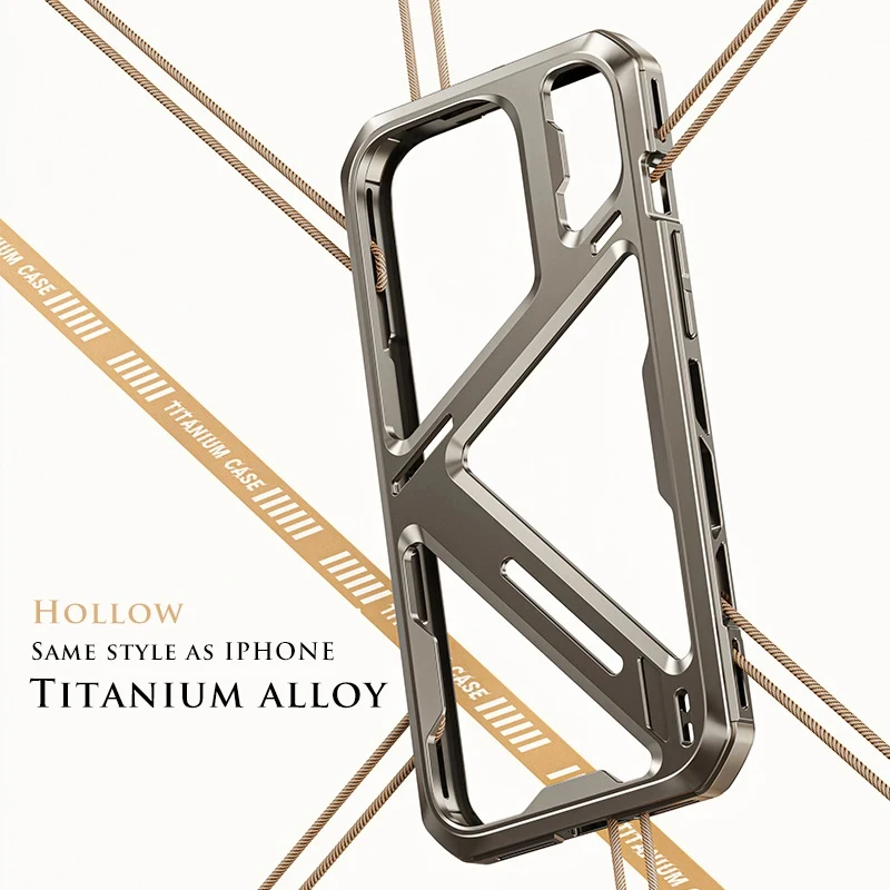 Titanium Alloy Mechanical Armor Hollow Phone Case For iPhone 14 15Pro Max Metal Removable Heat Dissipation Shockproof Hard Cover