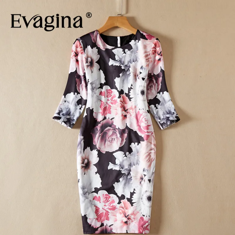 

Evagina Spring Summer Women's Pencil Dress Three Quarter Sleeve Flower Print Commuter Slim-Fit Hip Wrap Office Lady Dresses