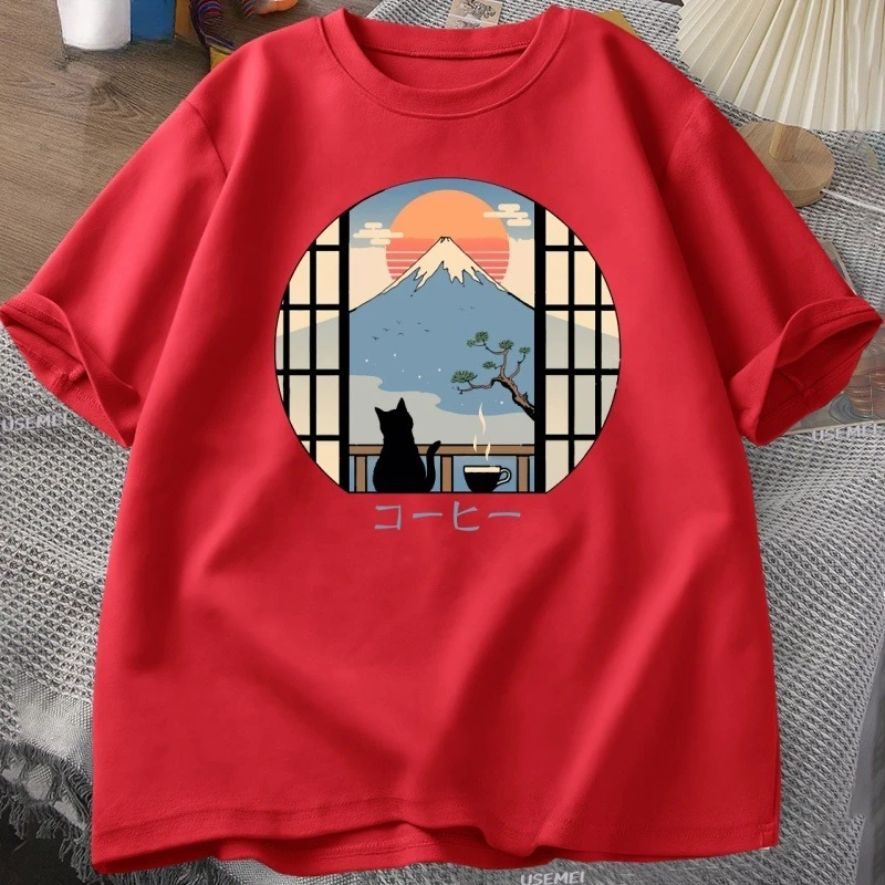 Coffee Cat in Mt Fuji T-shirt Men Women Round Neck Short Sleeve Tshirt Japanese Style Printed T-Shirt Cotton Oversized Tops