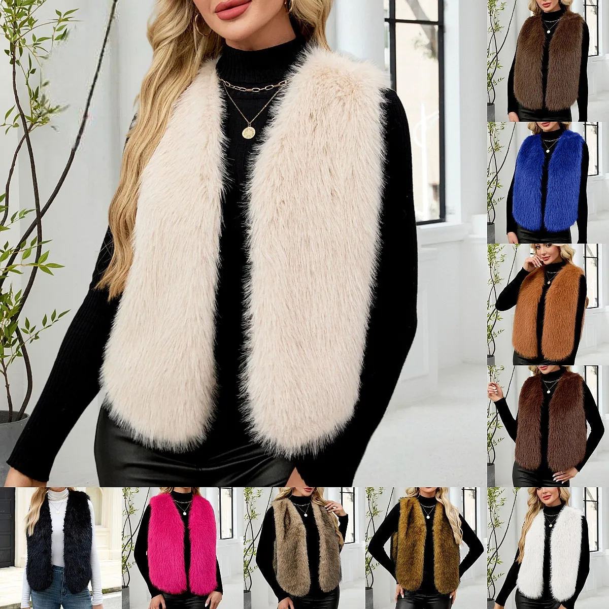 Faux Fur Vest Women Vests V Neck Sleeveless Outerwear Cardigan Top Spring Summer