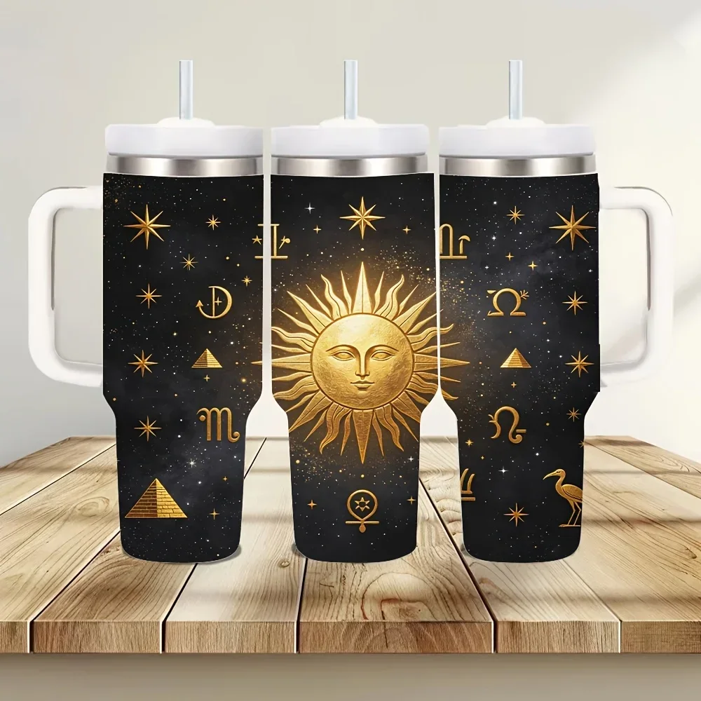 40Oz Insulated Tumbler with Handle, Golden Sun And Mystic Astrology Symbols Print, Maintains Stable Temperature for Hot And Cold Drinks, Ideal for Adults in Daily Life, Outdoor Travel, And Office Settings