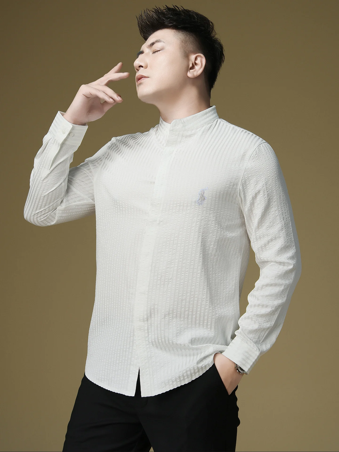 

Мужская повседневная рубашка в полоску с длинным рукавом, премиум-качество, осенняя новинка, не требует глажки, с отложным воротником, повседневный стиль, полиэстер, хлопок