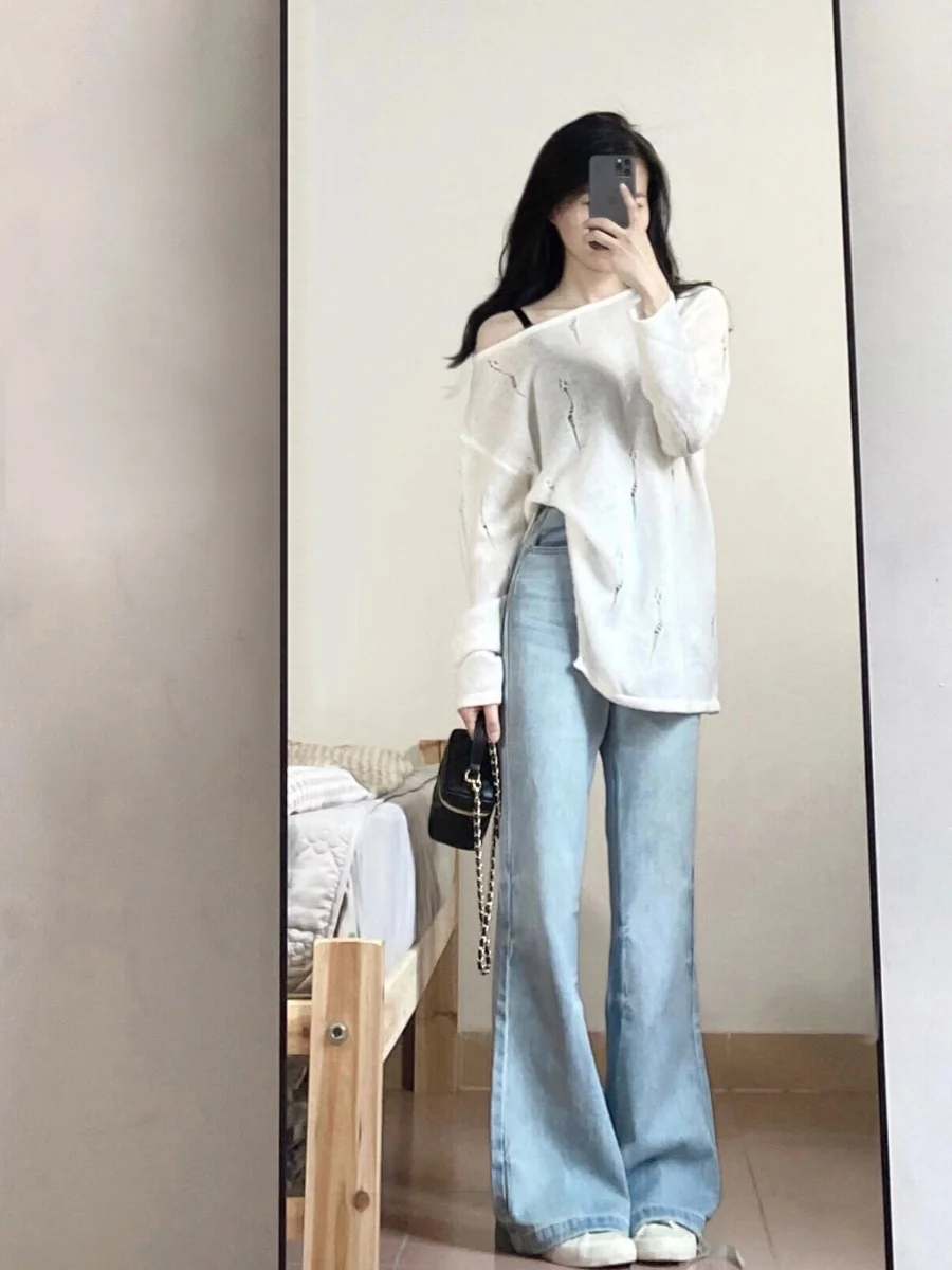 Retro High Waist Wide Leg Jeans Women's Light Blue Bell Bot Loose Fit Straight Cut Trousers Autumn Season plus Size