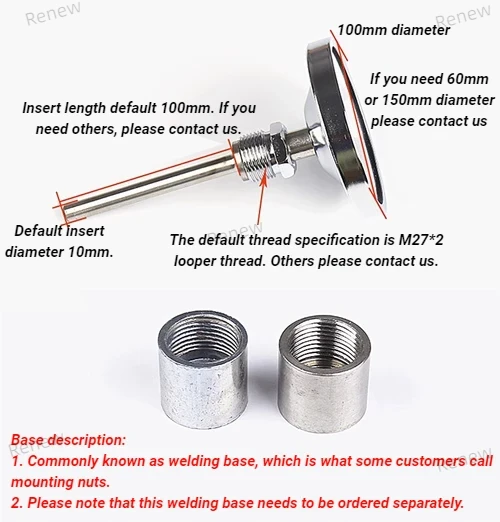 Bimetall-Thermometer Zeiger Edelstahl Durchmesser Axial kessel rohr Braten Ente Industrie Thermometer