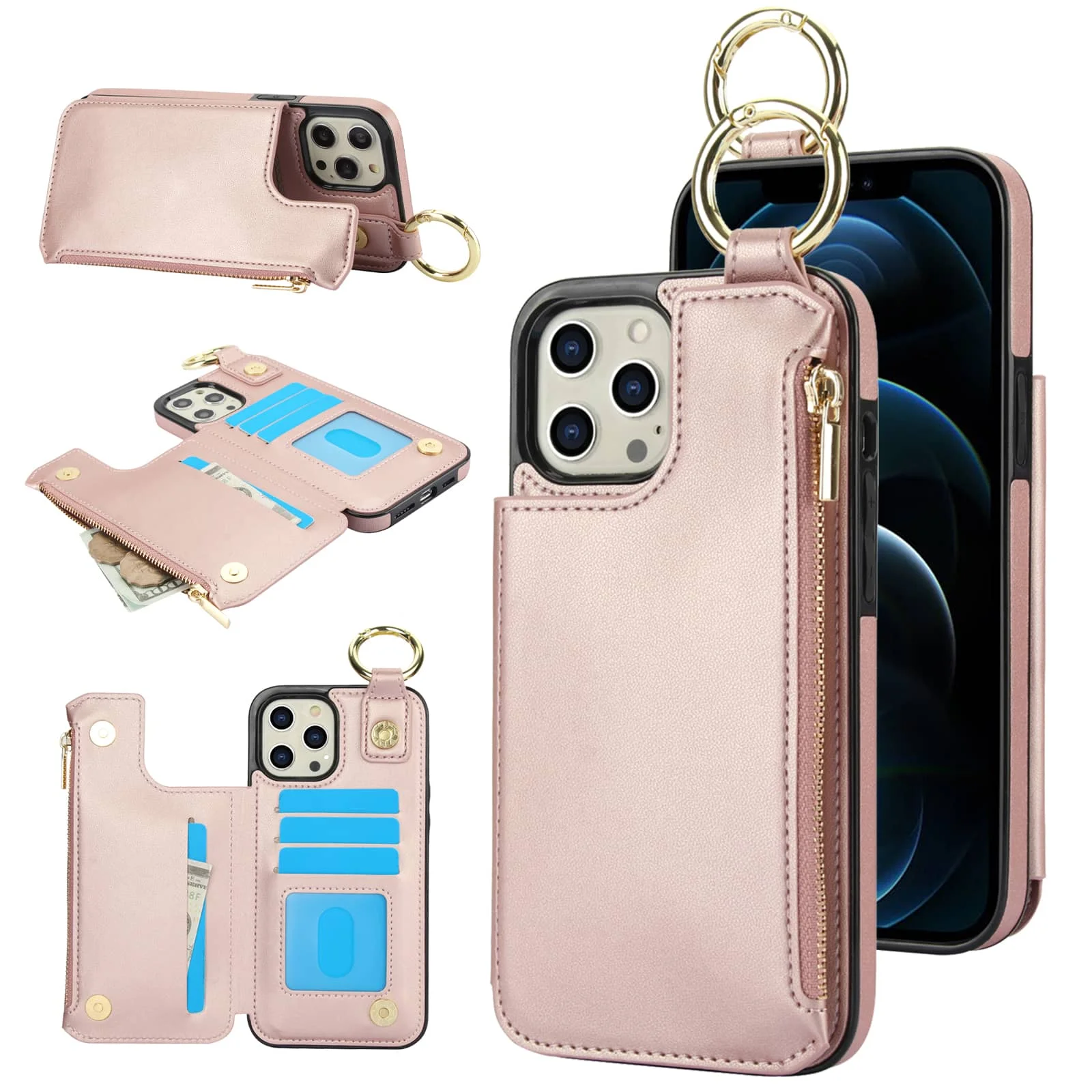 for iPhone 16/15/14/13/12/11 Pro Max 15 Plus/14 Plus 13 Mini/12 Mini 7 8 SE 2022 Case with Card Holder PU Leather Case Finger Gr