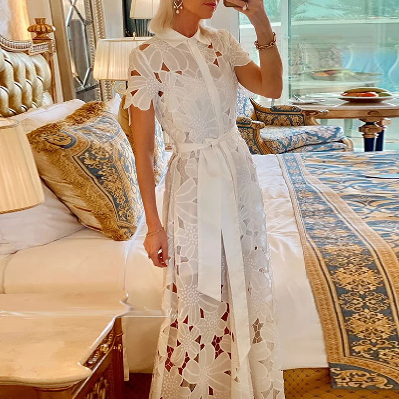 Vestidos informales de Color liso para vacaciones, vestido de encaje con solapa y lazo para mujer, vestido largo sexi de manga corta con un solo pecho