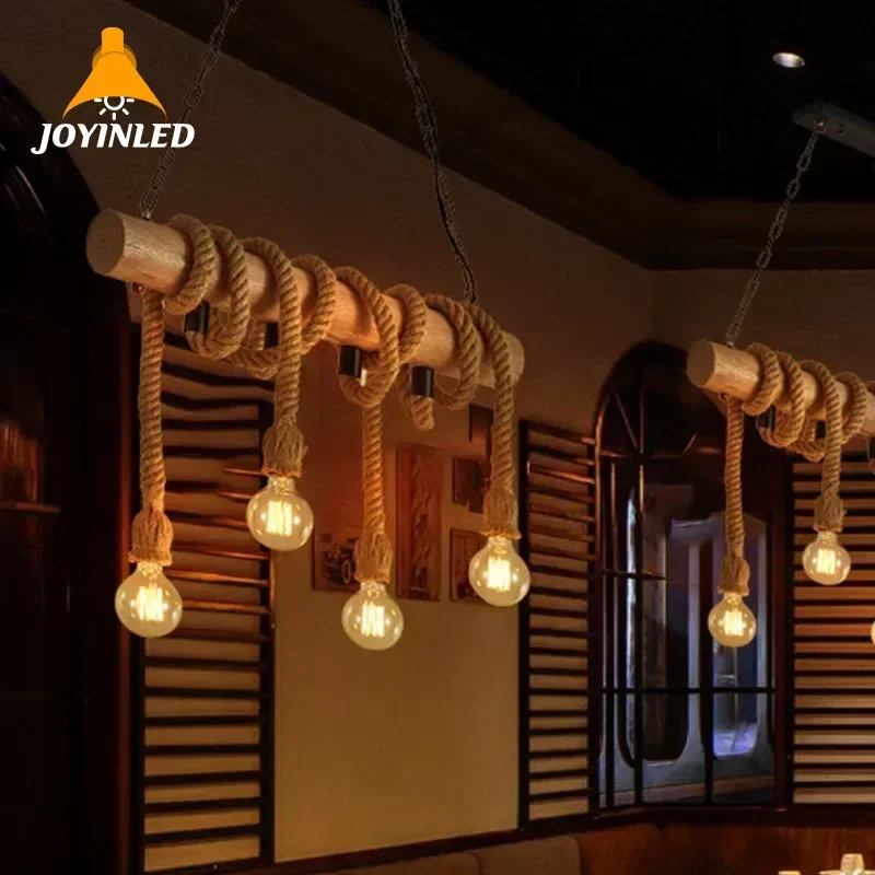 Retro Hemp Rope Pendant Lamps Vintage Double Heads Chandeliers Home Restaurant LED Lights E27 Base Lamps Holder Ceiling Lights