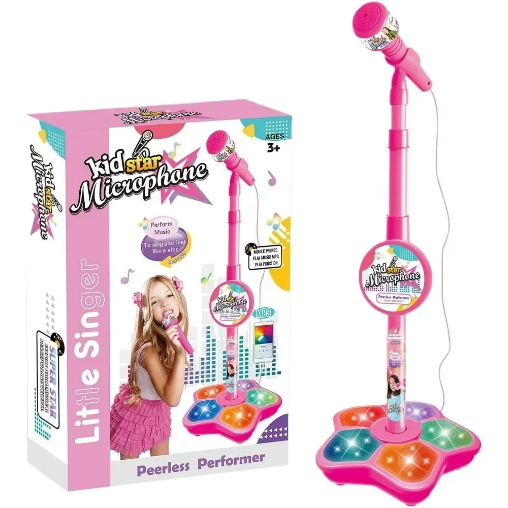 Kids Microphone and Stand,Kids Karaoke Machine for Girls Boys,Party Sing Musical Toy with Flashing Lights,Children's Microphone