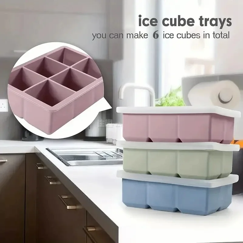 1PC 6 Cavity Silicone Ice Cube Tray with Lid Food Grade Flexible Mold for Freezer Cocktails