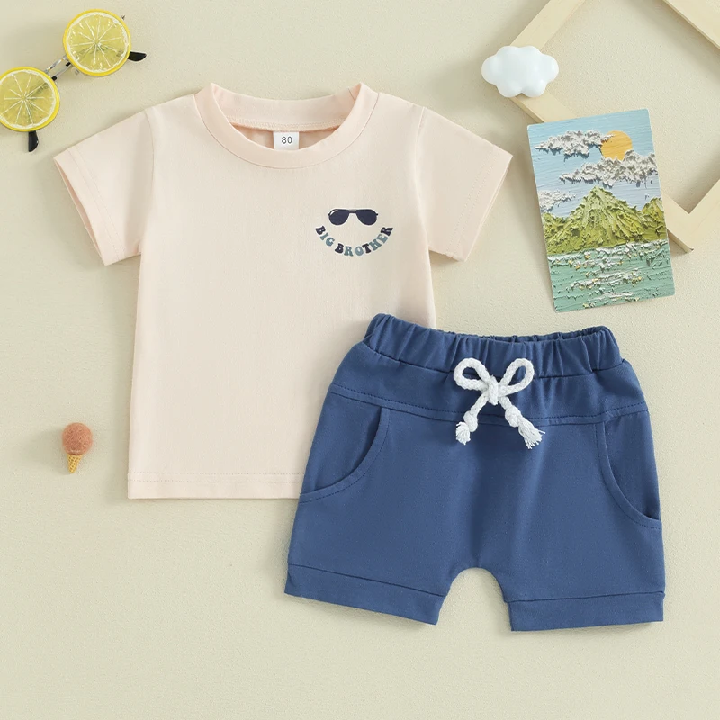 

VISgogo Toddler Boys Summer Outfits Letter Print Short Sleeve T-Shirts Tops Elastic Waist Shorts 2Pcs Casual Clothes Set