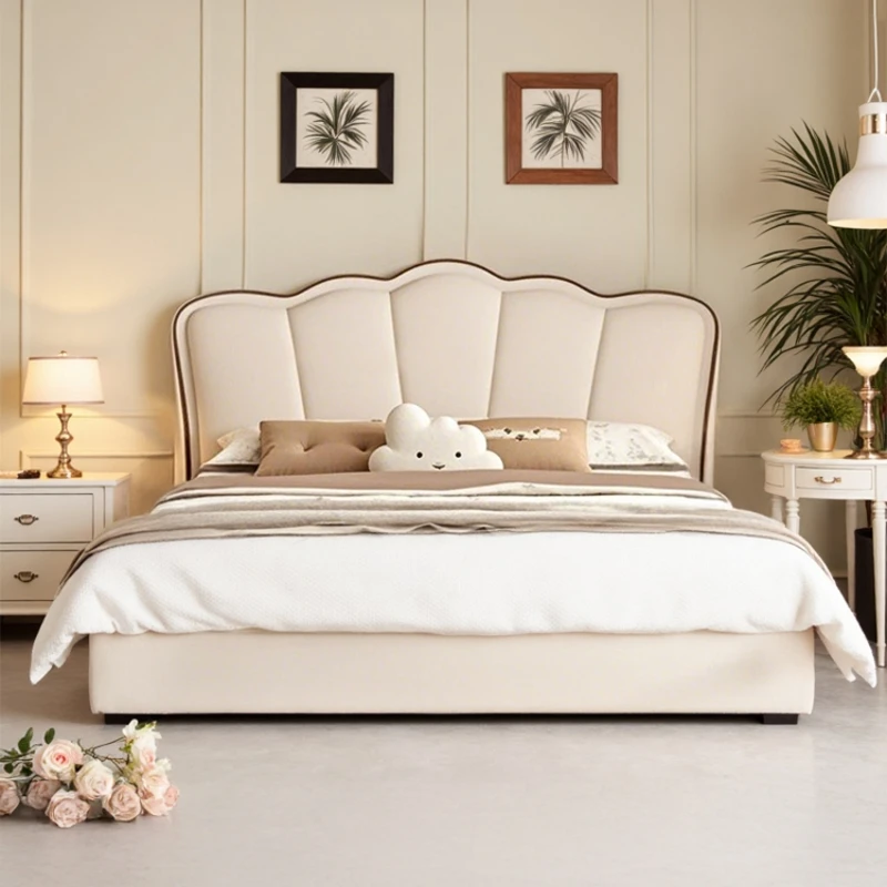 

High Quality Cream Beds Minimalist Aesthetics Luxury Designer Bed Wedding Chinese Princess Beauty Wood Cama De Casal Furniture