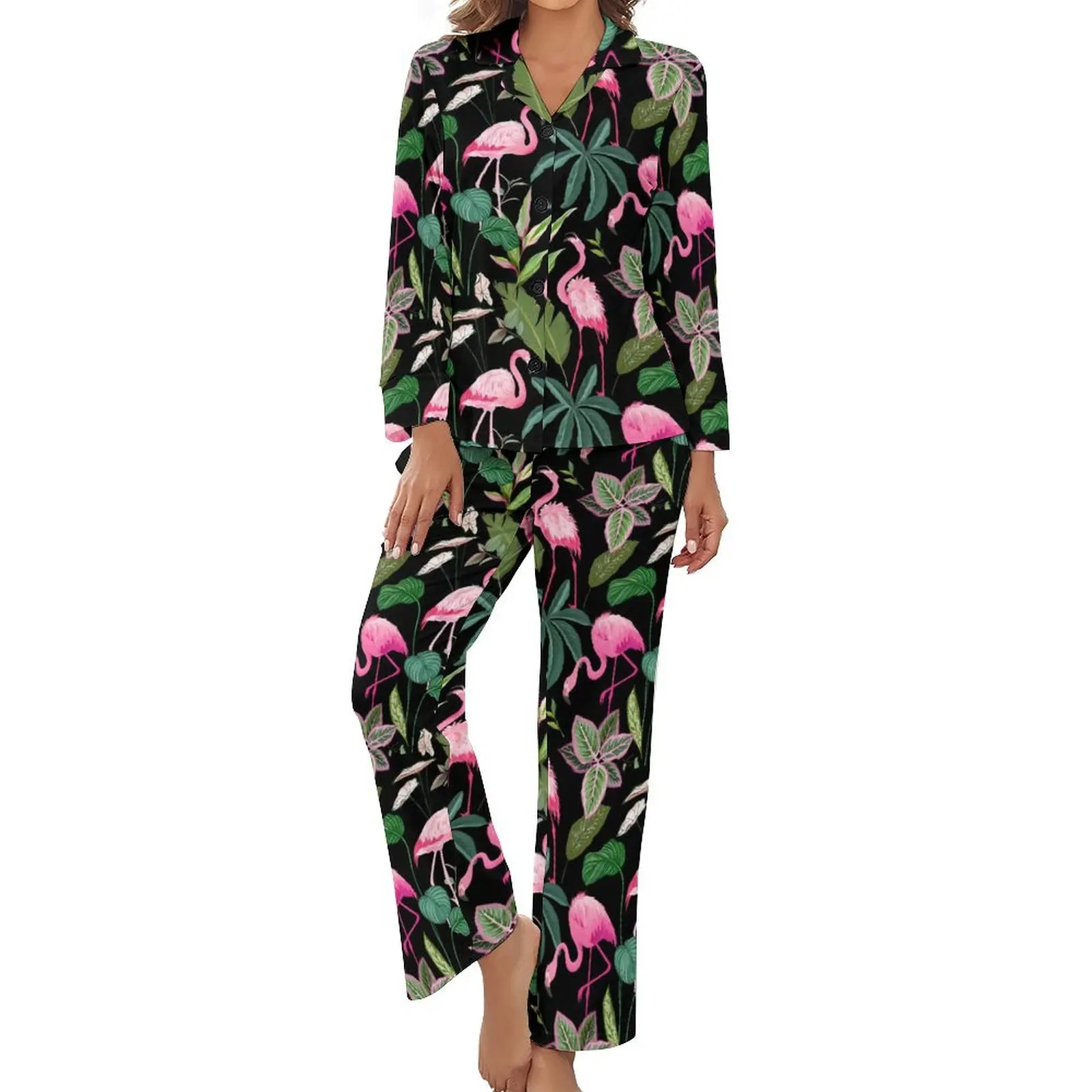 Tropical Bird Pajamas Long-Sleeve Pink Flamingo Two Piece Aesthetic Pajamas Set Spring Women V Neck Soft Home Suit