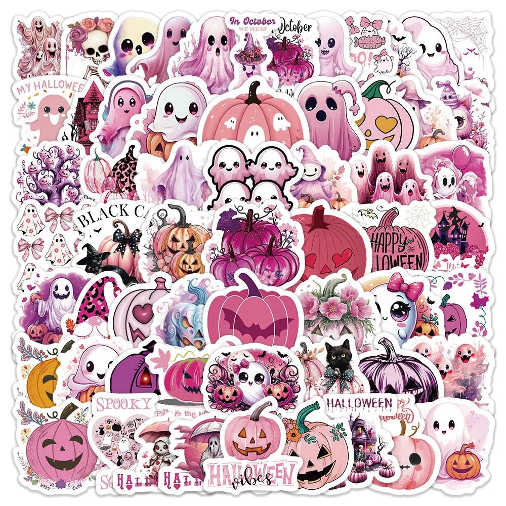 10/60PCS Pink Halloween Stickers Ghost Skull Pumpkin Decals Bike Laptop Guitar Helmet Waterproof Graffiti Decal Toy Decoration