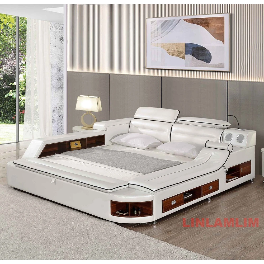 Upholstered King/Queen Size Bed, Modern Genuine Leather Platform Bed Frame with Storage, Adjustable Headboard, LED Light & USB