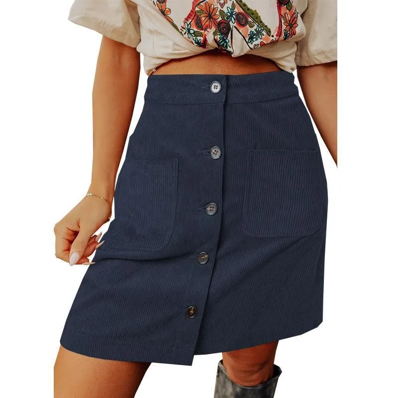 Women's High Waist Button Front Olive Green Mini Skirt Distressed Pencil A Line Navy Blue Short Skirt Beige Corduroy Casual