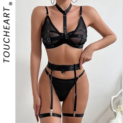 Toucheart Sexy Mesh Patchwork Halter Bra Set For Women Solid Color Hot Girl Girdle Garter Belt Micro See-through Underwear Set