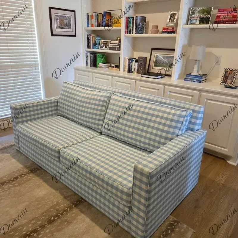Modern Nordic cream style Japanese plaid removable washable fabric casual French medieval living room blue and white plaid sofa