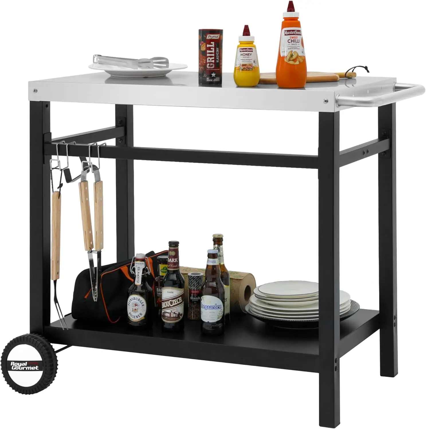 

Stainless Steel Grill Cart with Double Shelves, Movable Design for Outdoor Cooking and Storage