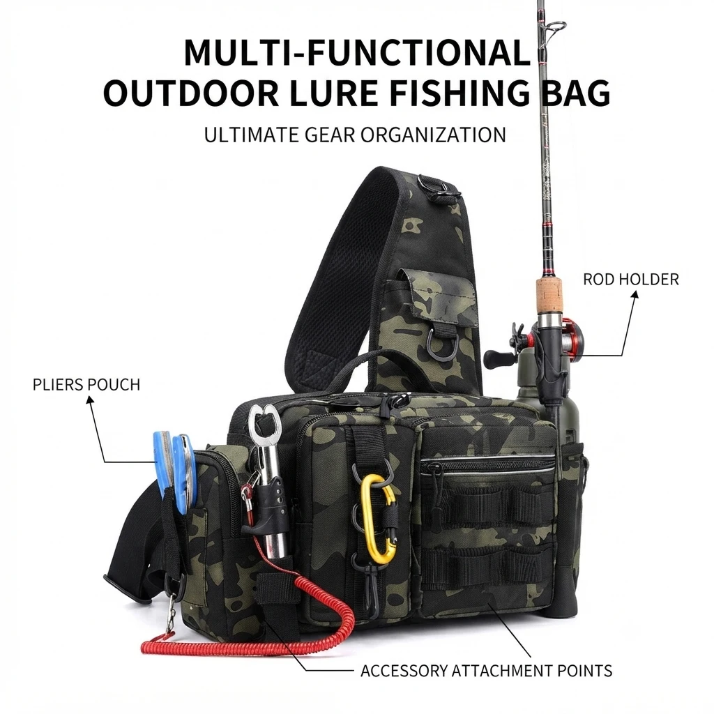 Wasserdichter Angelrucksack, Angelzubehör-Aufbewahrungstasche, Rutenhalter, Schultertasche, Mehrfachfach & Leichte Tasche mit Reflektorstreifen