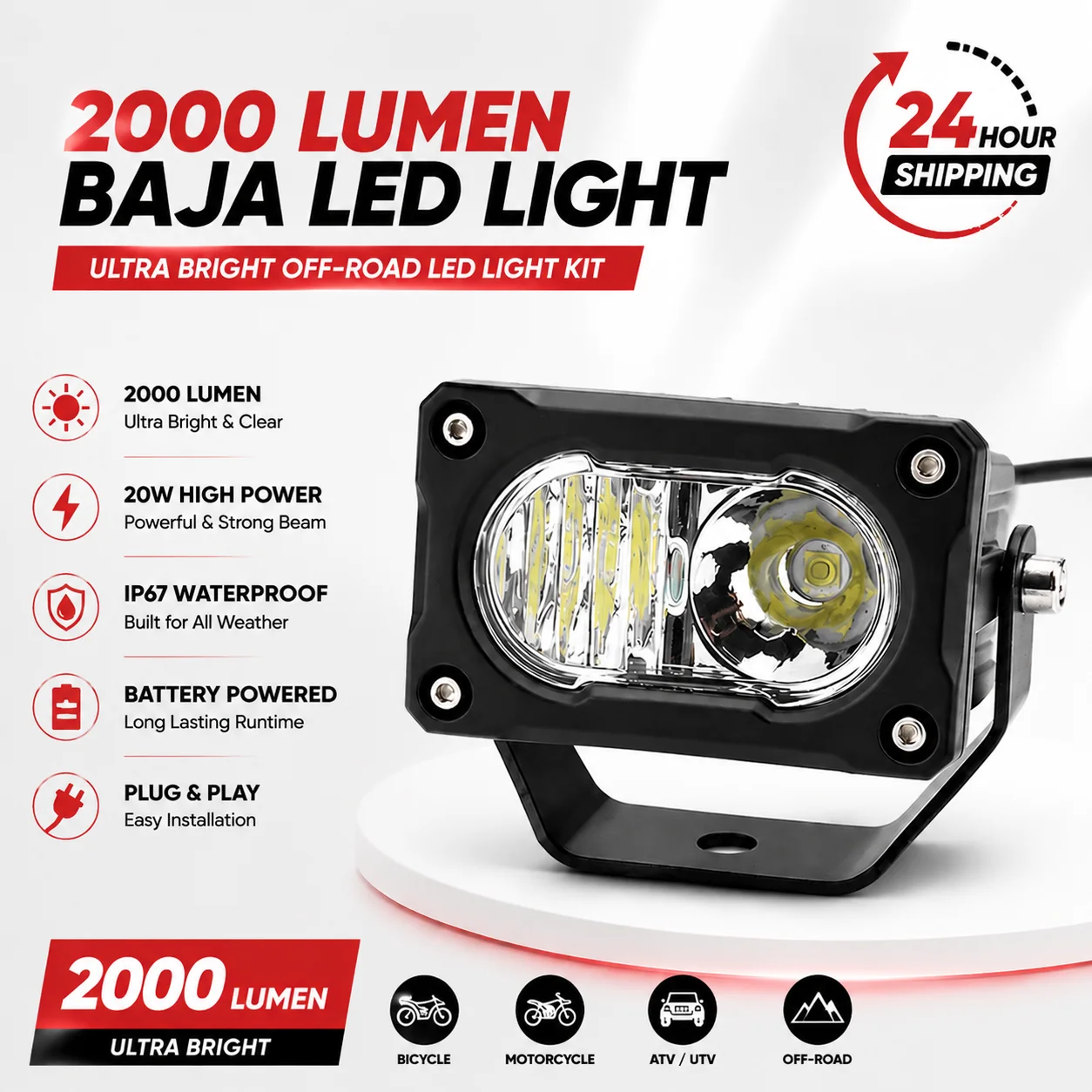 Tech High Power Baja Light LED Headlamp with 2 Lenses Front/Rear Mount Plug & Play for Dirt Bike/E-Bike