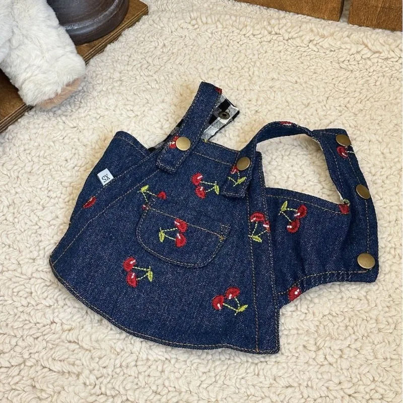 Four Seasons Pet Dog Clothes Cherry Denim Puppy Skirt Cat Dog Denim Suspender Dress Pumpkin Teddy For Small Dog Dresses