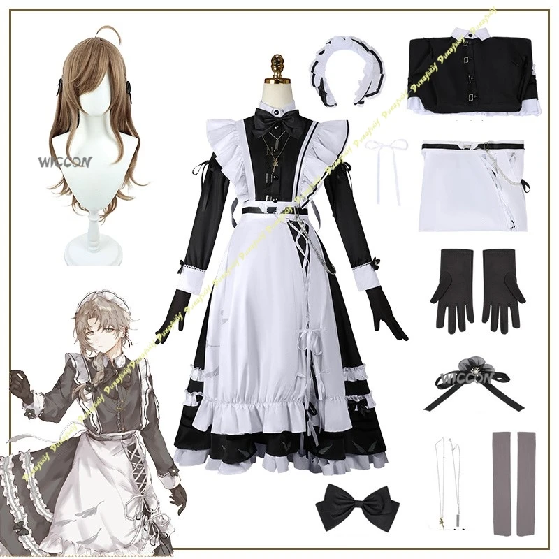 NIJISANJI أزياء تنكرية قاناي فستان خادمة لطيف أسود أبيض بأكمام طويلة ملحقات المئزر ربطة القفازات ربطة العنق عيد الميلاد والهالوين