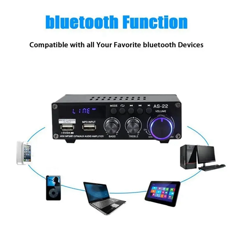 AS22 Hifi Digital Amplifier 30Wx2 2.0 Channel Car Bluetooth Amplifier Home Stereo Audio Amplifier Receiver