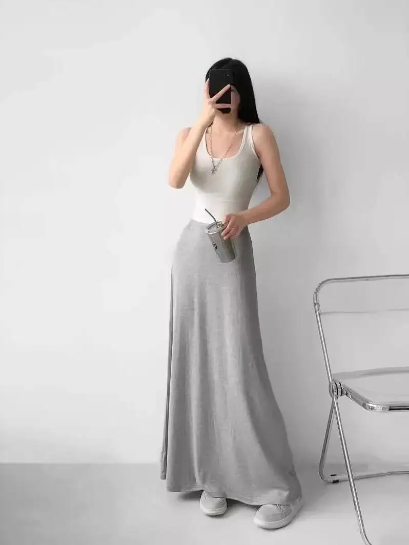 Women's Summer 2026 New Grey Half Length Skirt Elastic High Waist Mid Length Style Slim A-line Long Skirt Fashion Versatile 4ZP9