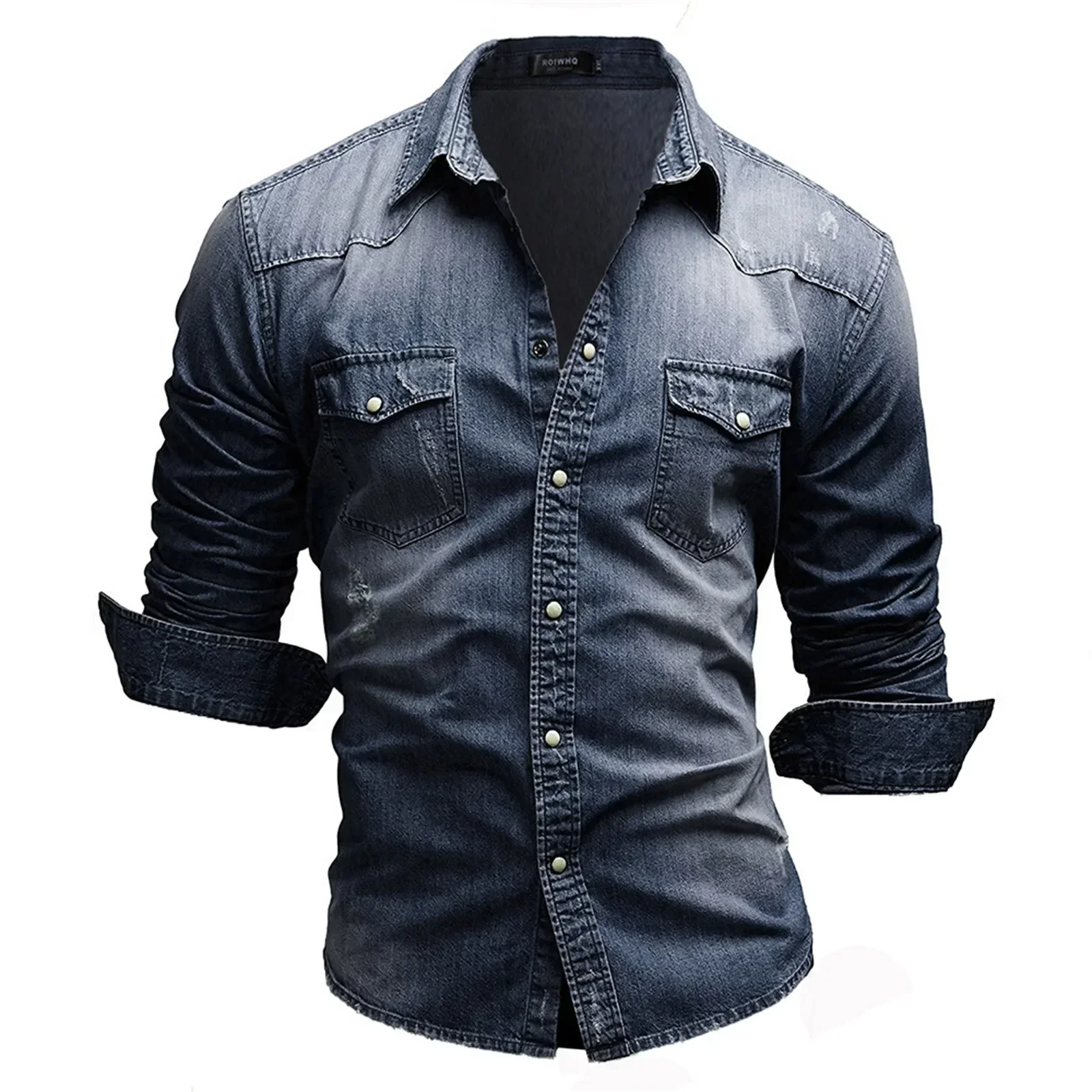 

Elastic Cotton Denim Shirt Men Long Sleeve Cowboy Shirts Solid Color Pocket Shirts For Men Casual Slim Fit Jeans Shirts Chemise