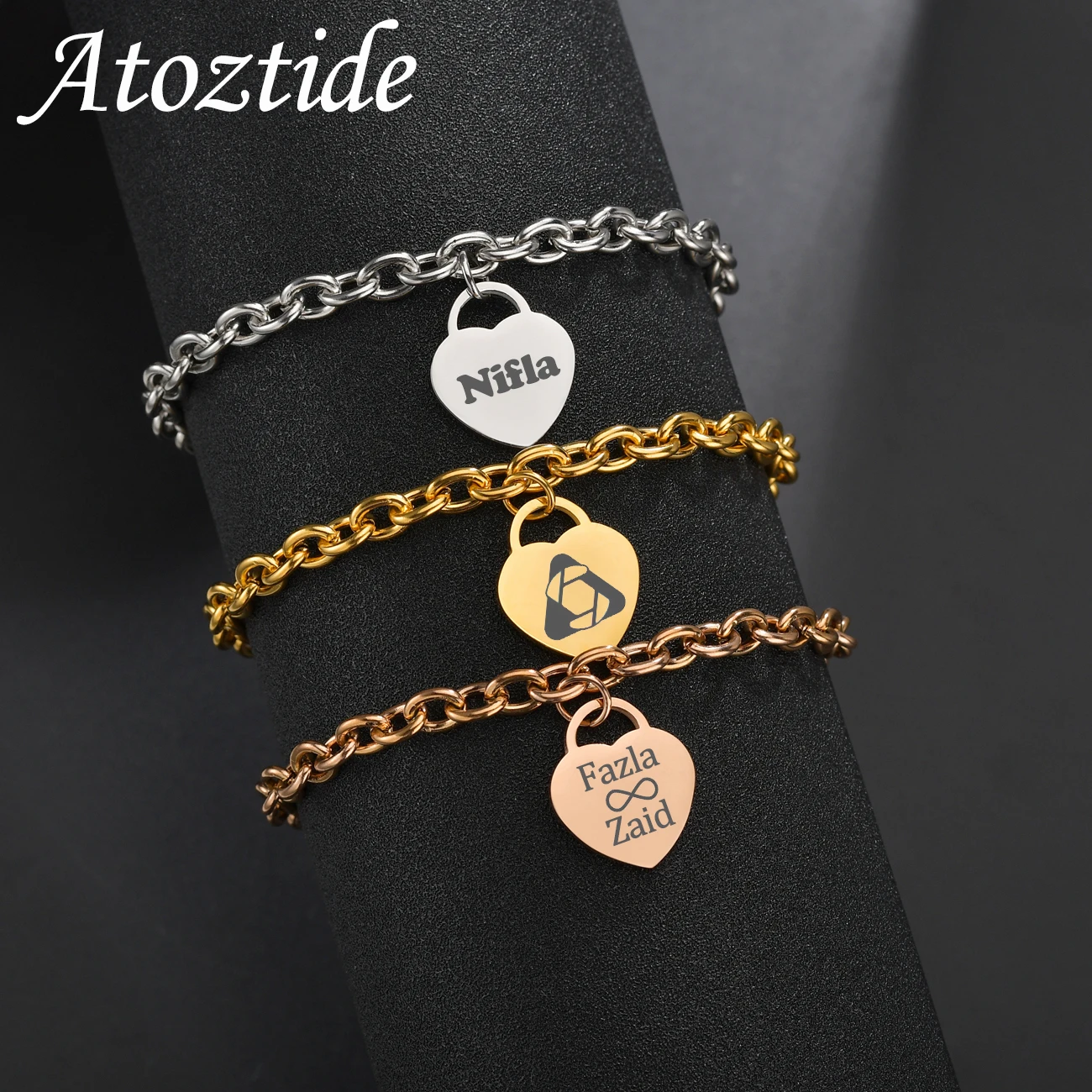 Atoztide Personalized Engrave Name Bracelet For Women Men Stainless Steel Heart Pendant Thick Chain Birthday Jewelry Gift