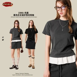 ZODF Vintage 2025 Summer 230gsm Washed 100% Cotton T-Shirts For Women Retro Hotsweet Girls Comfortable T Shirt Tees HY0998