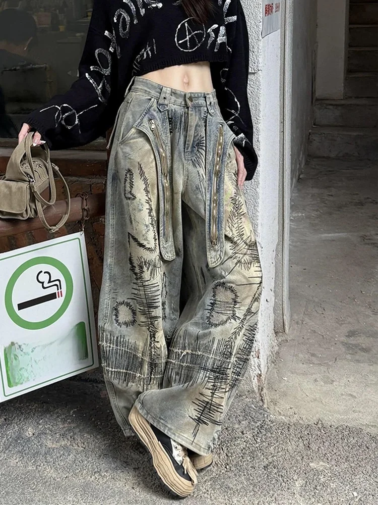 

American High Street Sle Embroidered Denim Jeans Women Spring New Faion Distred Waed Floor-Length Knife Pants