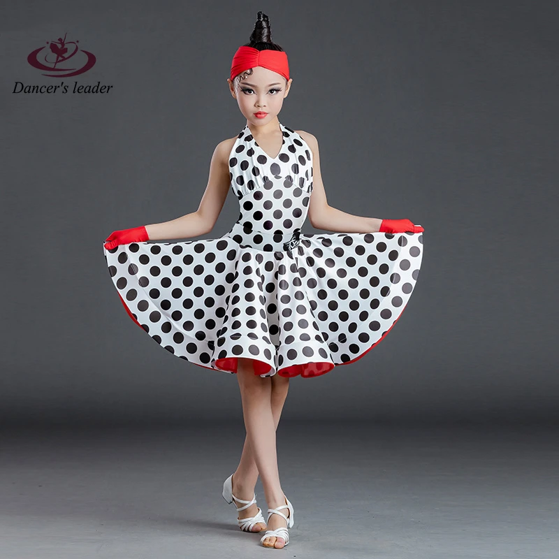 

Latin Dance Dress for Girls, Performance Attire With Polka Dots, Neck Tie, Professional Competition Floral Clothing