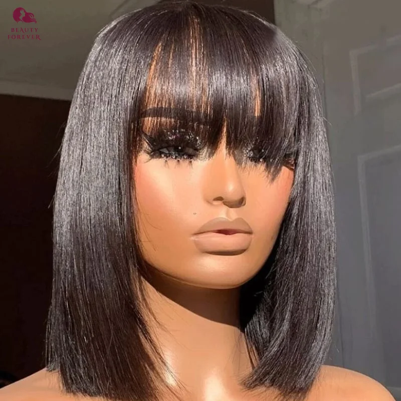 Beauty Forever Wear and Go Glueless Bob Wig With Bangs 4x4 Lace Closure Wig Short Bob Human Hair Wig Pre Plucked Bleached Knots