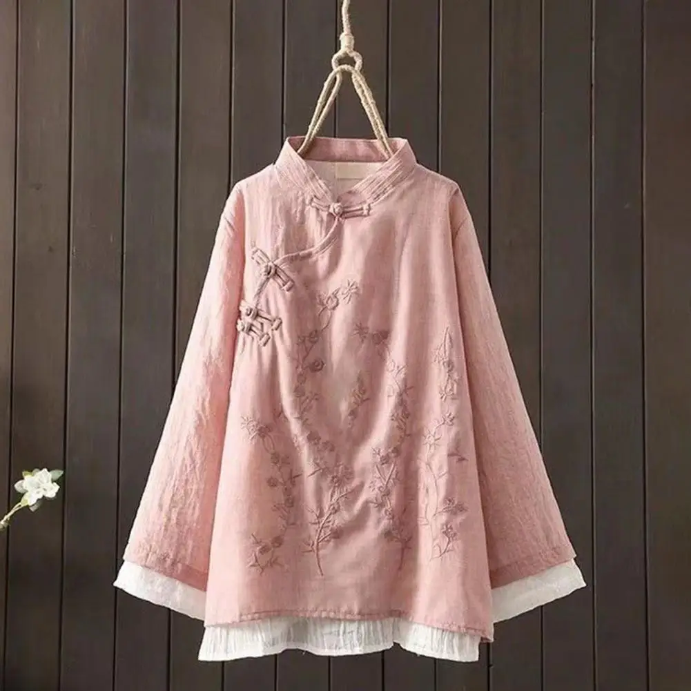 Cotton Linen Women Blouse Retro Chinese Style Embroidered Flower Pattern Knot Button Stand Collar A Line Shirt Chinese Shirt