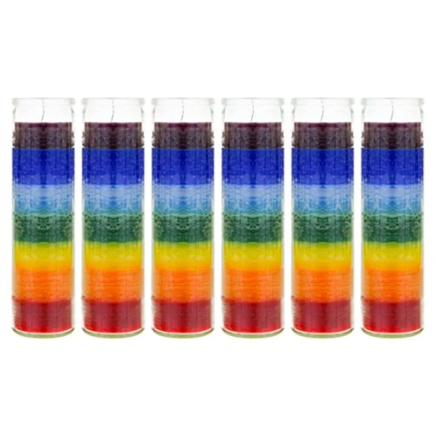 

6 pcs Unscented Multi Color Chakra Glass Devotional Prayer Candles Hand Poured Premium Wax Candle 2 Inch x 8 Inch Promotes Posi