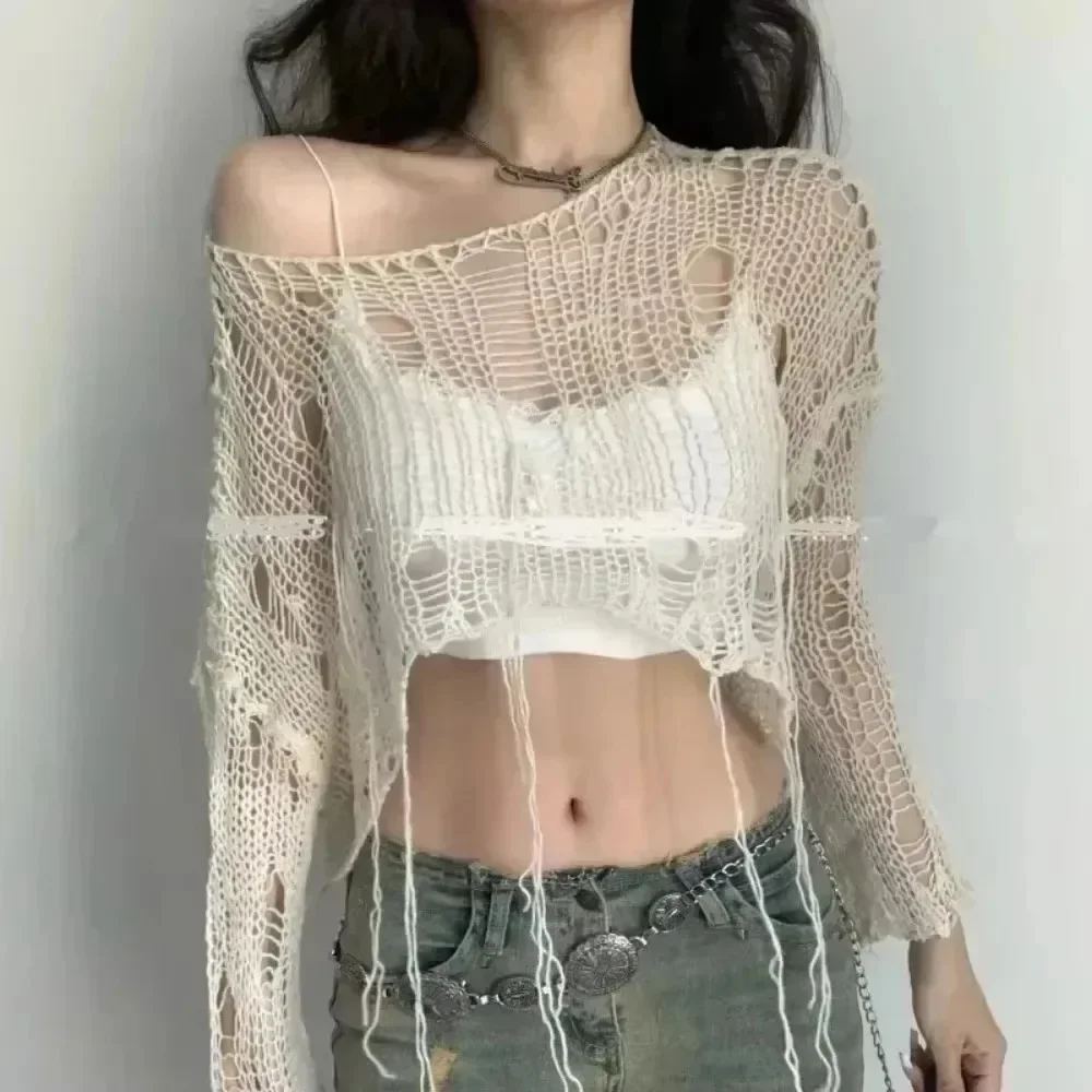 Cropped Hole Sweater Sexy Gyaru Hollow Out Knit Pullovers Goth Korean Long Sleeve Jumper Summer Fashion Sheer Knitwears Tops view 4