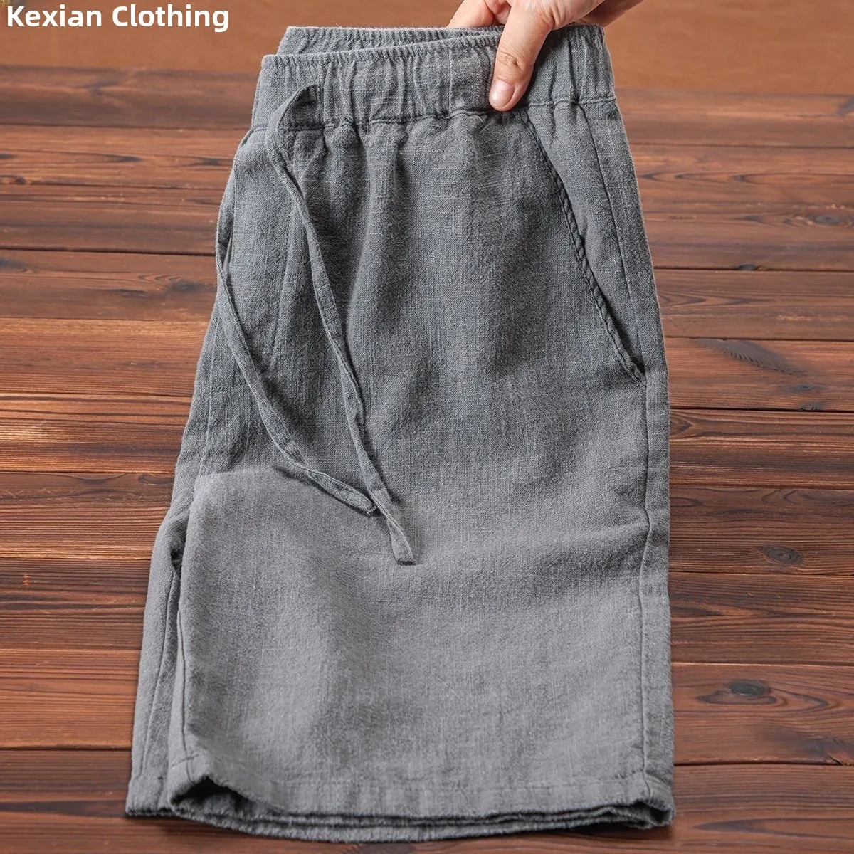 Lightweight Breathable Grey Summer Linen Shorts Drawstring Elastic Waist Cotton Linen Blend Beach Casual Five-Quarter Length