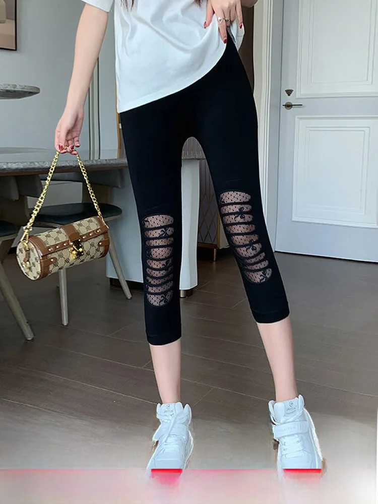 ハイウエストメッシュ下着パンツ女性の夏薄い大きいサイズ 200 ポンド 7/8 長さのズボンカジュアル弾性アウターウェア