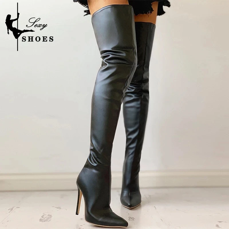 Women Boots Matte Black Pointy Toe Thigh High Long Boots Autumn Winter Zip Over-the-Knee Boots Party Shoes Plus Size 46 Stiletto