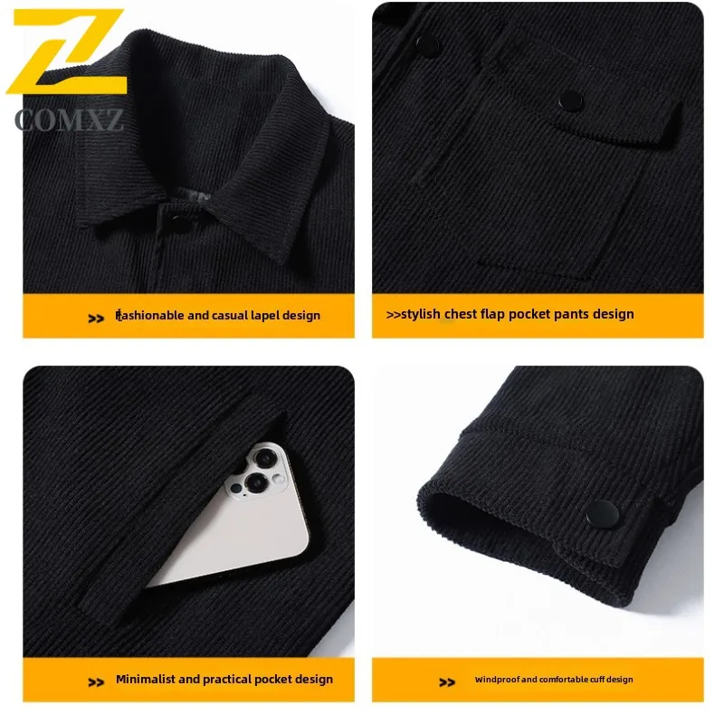 Men Corduroy Jacke Simple Style Versatile Skin Friendly Comfortable Windproof Jacket Business Casual Commuting Lapel Windbreaker