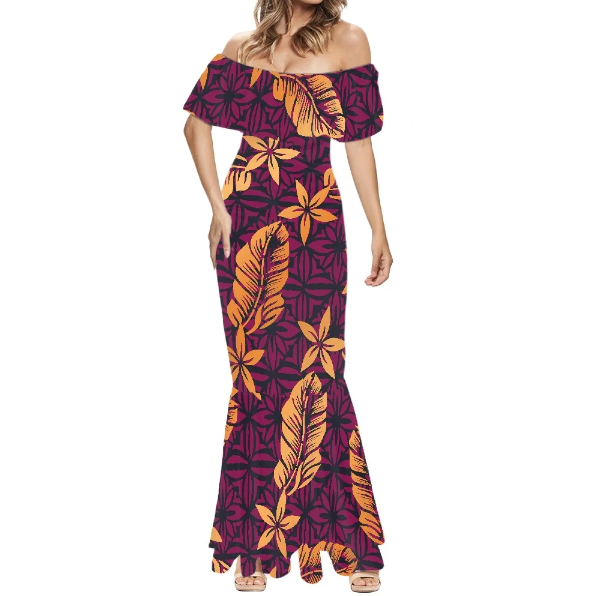 Summer Islands Women Off The Shoulder Polynesian Tribal Clothing Samoa Hawaii Tapa Bodycon Sexy Ruffle Mermaid Tail Dresses 7XL