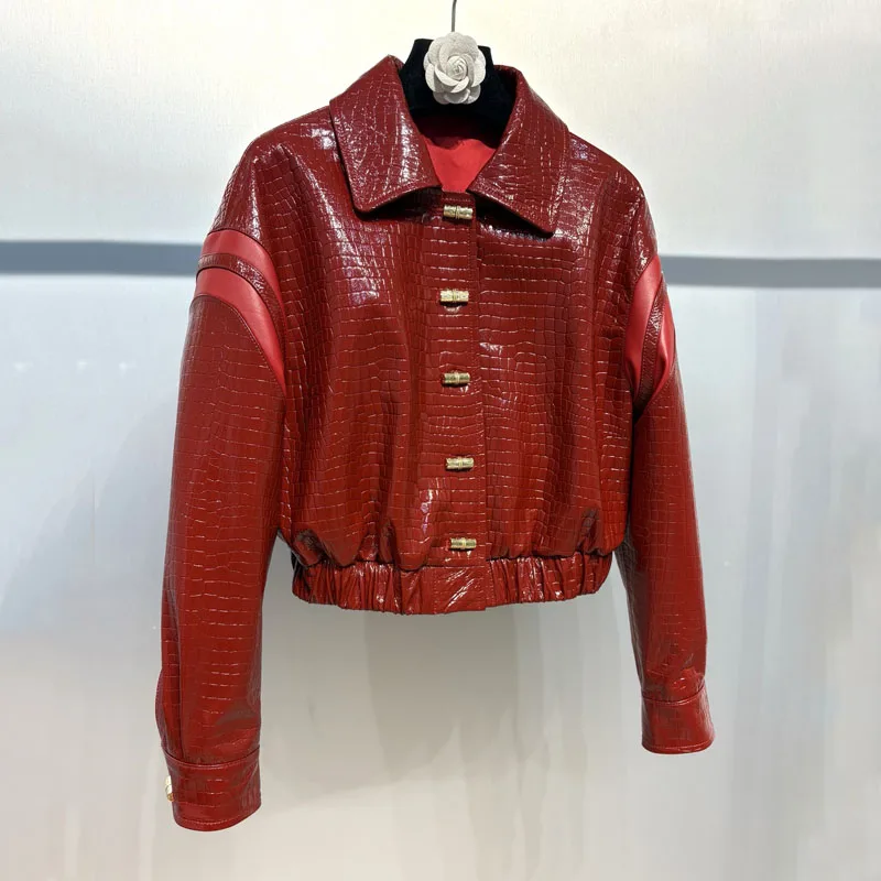Manteau femme printemps et automne 2025, nouvelle mode, peau de mouton véritable naturelle, Imitation peau de crocodile, texture courte longueur