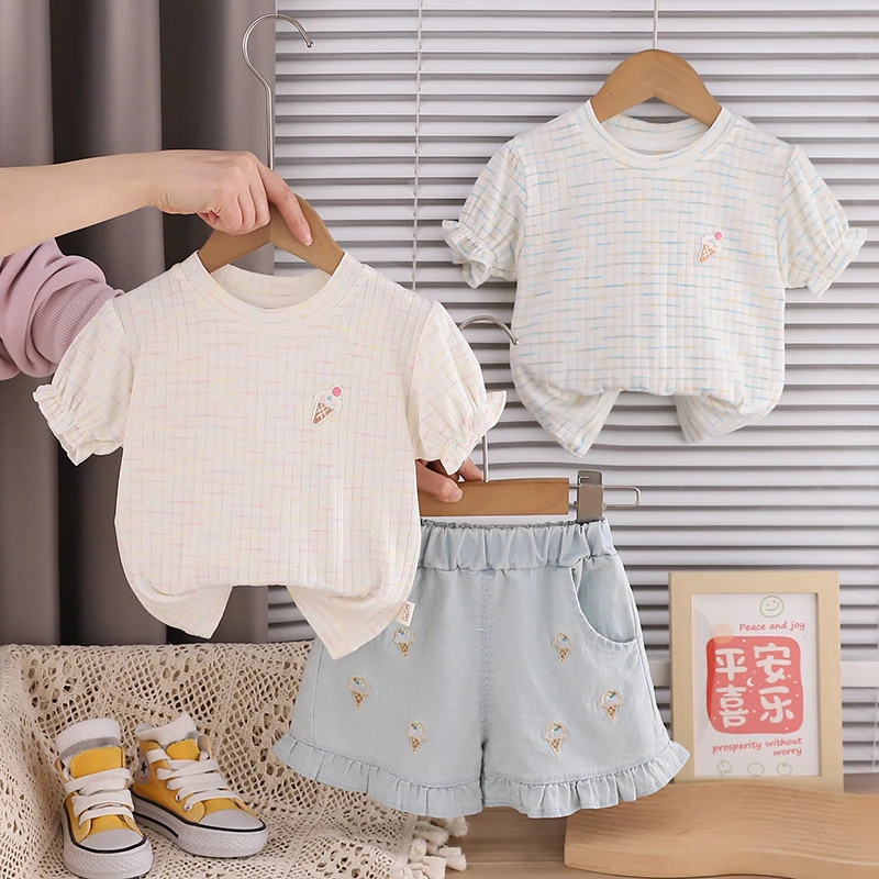 KidsGirls' Summer Ice Cream Short Sleeve Outfit, Stylish Baby Summer Clothes, Fashionable Two-Piece Set for Infants and Girls