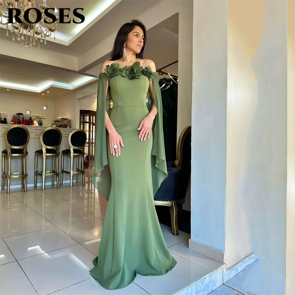 

ROSES Olive Green Party Dress Off Shoulder Night Dresses with Flowing Cape Sleeves Prom Dress for Woman 프롬 드레스 Customized