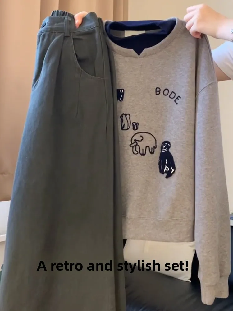 레트로 한국 동물 자수 스웨트셔츠 루즈핏 여성 가을 겨울 대학 스타일 디자인 감각 탑 컬러 블록 디자인