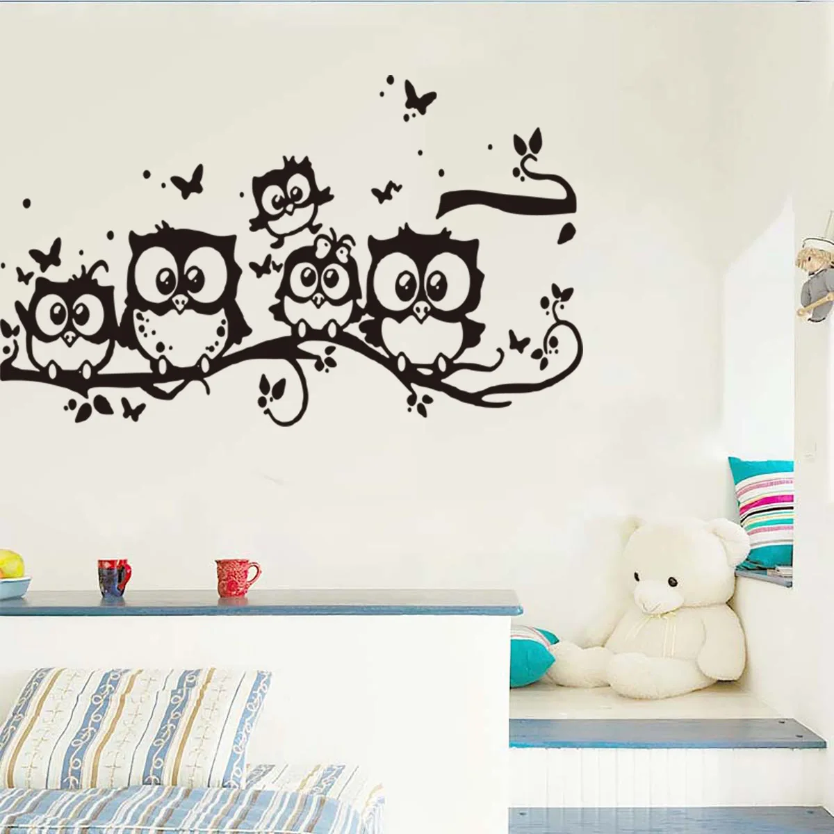 New Design Owl Play Butterflies Wall Sticker Removable House Decoration Decals for Bedroom Living Room Walls Decor