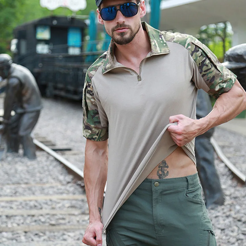 Camisas tácticas de caza para hombre, camisa de combate, Tops de camuflaje de verano, camisas de entrenamiento informales, resistentes al desgaste