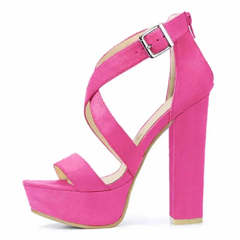 Women Platform Sandals Summer Sexy Pumps 14cm Open Toe Thick High Heels Chunky Cross Strap Buckle Dress Party Red Wedding Shoes view 4