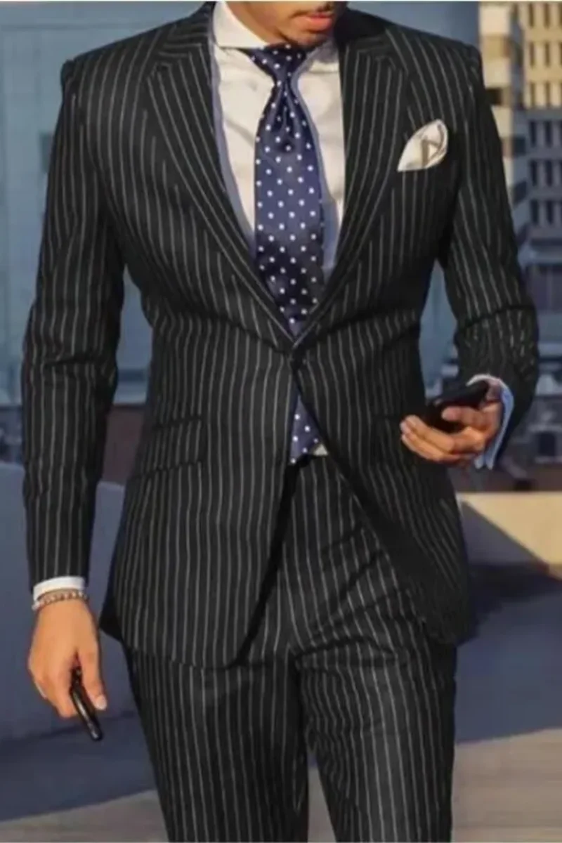 

2 Piece Navy Blue Slim Fit Business Men Suit Stripe Groom Wedding Tuxedo Skinny Prom Wedding Business Suit